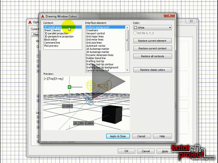 AutoCAD 2020 — Drawing Window Colors — 2D model space — Crosshairs — Select Color…