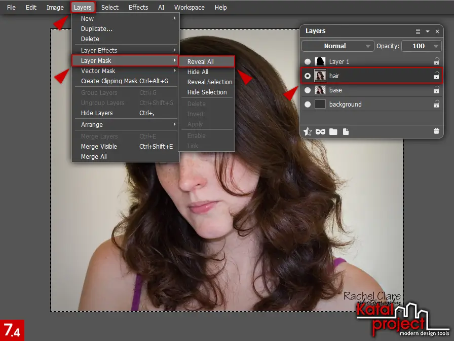 AliveColors 10.0 – Cutting Hair – Step 7.4 – Layers – Layer Mask – Reveal All