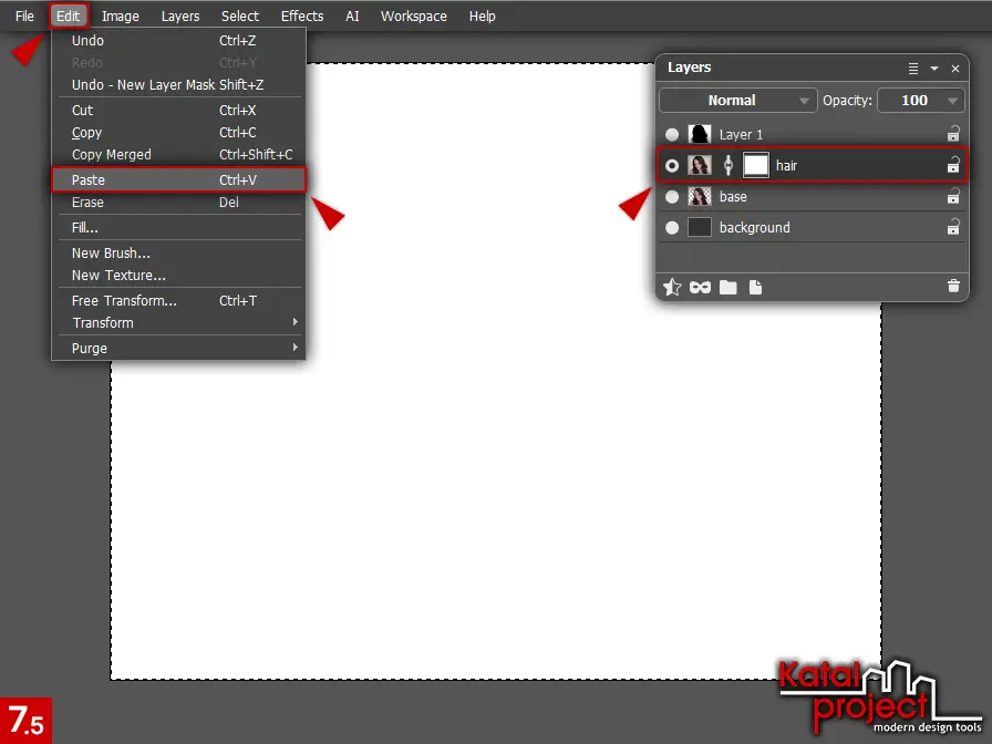 AliveColors 10.0 – Cutting Hair – Step 7.5 – Edit – Paste