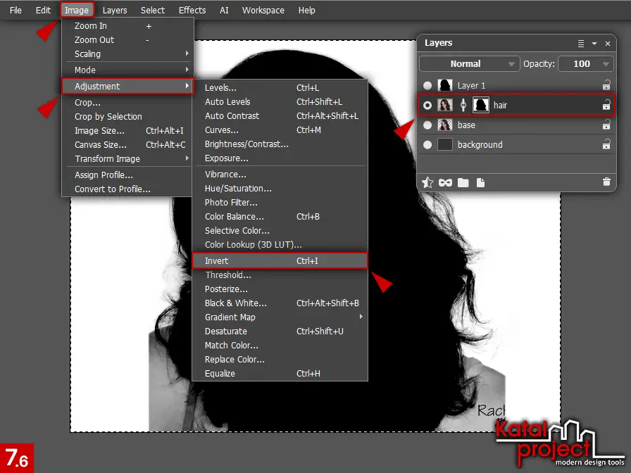 AliveColors 10.0 – Cutting Hair – Step 7.6 – Image – Adjustment – Invert
