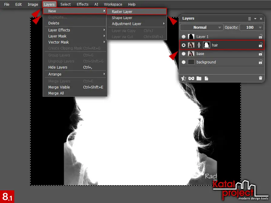 AliveColors 10.0 – Cutting Hair – Step 8.1 – Layers – New – Raster Layer