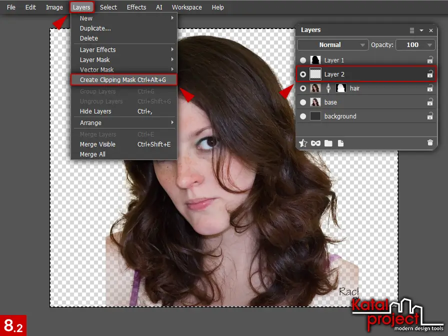 AliveColors 10.0 – Cutting Hair – Step 8.2 – Layers – Create Clipping Mask