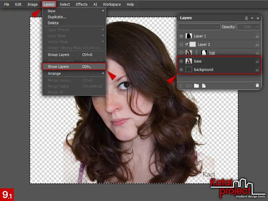 AliveColors 10.0 – Cutting Hair – Step 9.1 – Layers – Show Layers