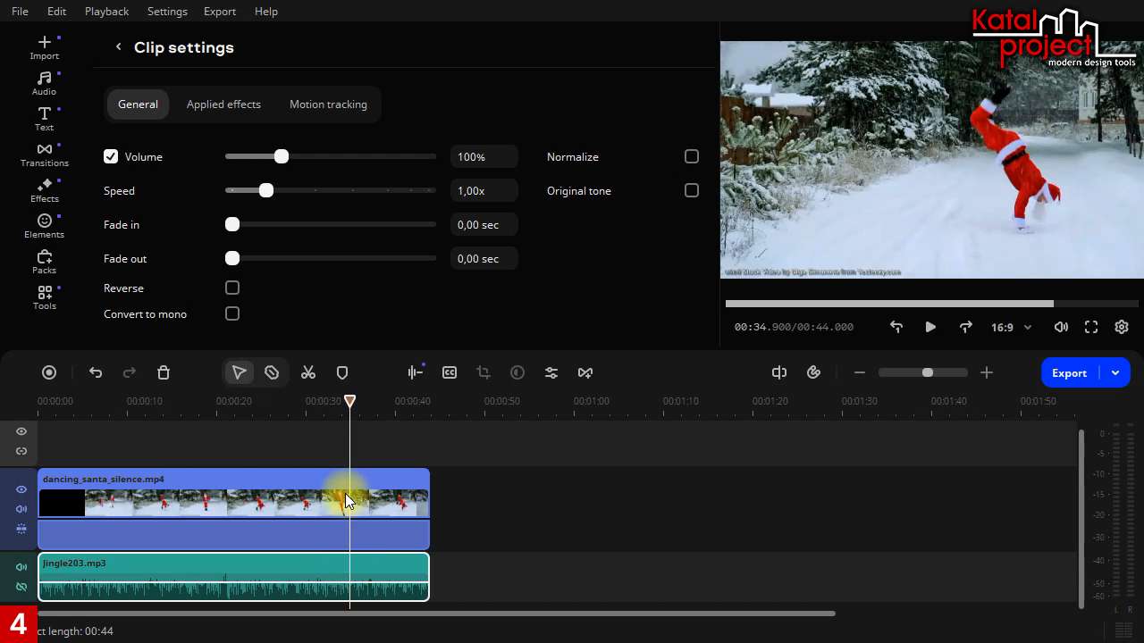 Мовавика Видео 2026: Timeline – Jingle203.mp3; Clip Settings – Fade in, Fade out